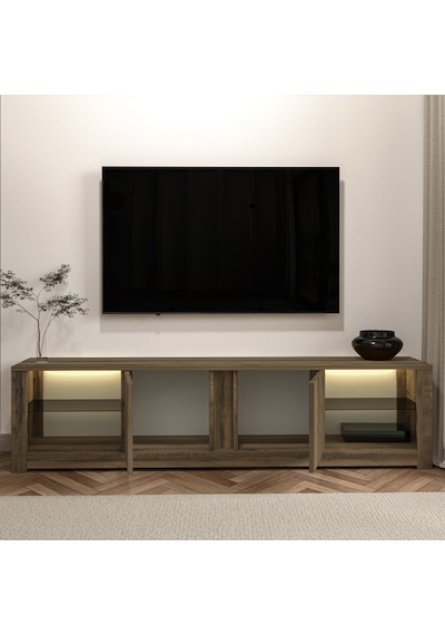 Aydos LED Işıklı Modern TV Sehpası – Cam Raflı, 2 Kapaklı, 180 cm, Antik Ceviz