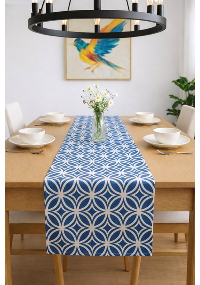 Modern Geometrik Desenli Mavi Runner Kaliteli Kumaş Leke Dirençli Salon Masası Dekoratif Örtüsü