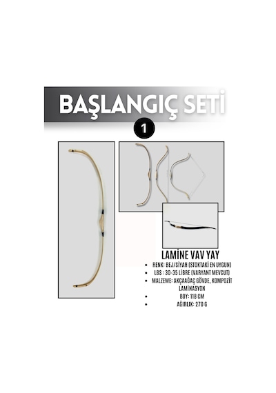 Geleneksel Okçuluk Lamine 'vav' Set- Vav Yay + 3 Ok + Zihgir + Tirkeş