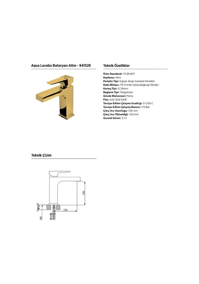 Newarc 941528 Aqua Lavabo Bataryası Altın