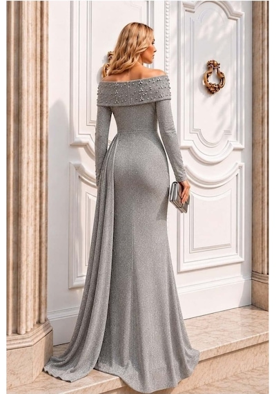 DefyModa Kadın Trend Degaje Yaka Dekolteli Maxi Uzun Kollu Abiye Elbise Gri