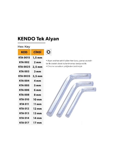Alyan Allen Anahtar, Altı Köşe, 2 Mm 1 Adet