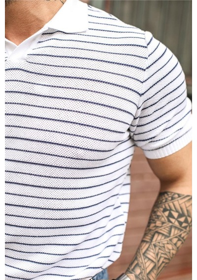 Cool Tarz Çizgili Polo Yaka T-shirt Beyaz Mat Beyaz Mat Beyaz