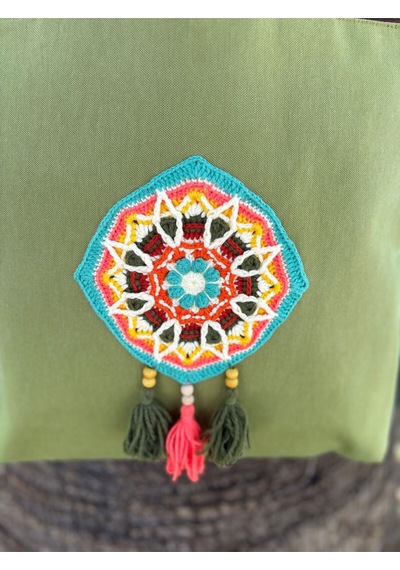 Handream Örgü Kare Mandala Detaylı Bez Omuz Çantası Fıstık Yeşili
