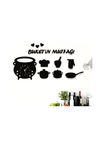 Tencere Tava Mutfak Duvar Saati Ve Duvar Dekor Kombini Kişiye Özel Siyah