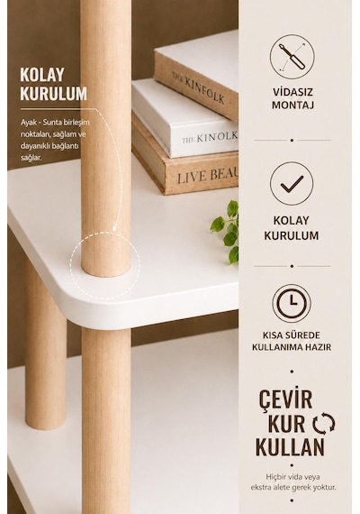 Tridihome 5 Katlı Kolay Kurulum Çok Amaçlı Raf Ünitesi Salon Ofis Çocuk Odası Doğal Ahşap Kitaplık Beyaz