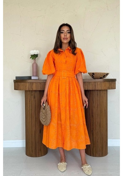 Defymoda Oranj Pileli Balkon Elbise Oranj