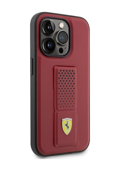 Apple Uyumlu iPhone 14 Pro Kılıf Ferrari Lisanlı Klasik Metal Logolu Delikli Standlı Deri Kapak Kırmızı