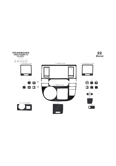 Volkswagen T5 Multivan Torpido Kaplama 2003-2009 22 Parça Siyah Karbon