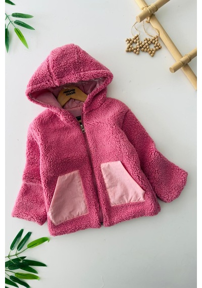 Miniğimin Cicileri Cep Detaylı Kapüşonlu Unisex Çocuk Welsoft Hırka - Fuşya