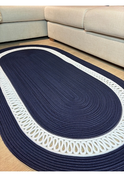 Mavaux Lotus Jüt Hasırlı El Örgüsü Kilim Lacivert - Beyaz