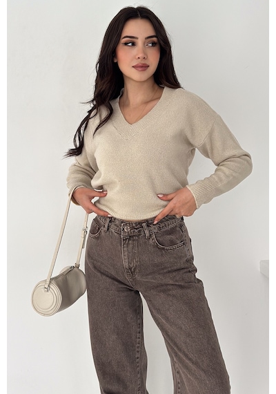 Noa & Noa Kadın V Yaka Triko Kazak Cozy Neutral Bej