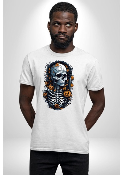 Cadılar Bayramı Kuru Kafa Unisex Unisex Beyaz Organik Baskılı T-shirt Penye Yüksek Kalite Beyaz