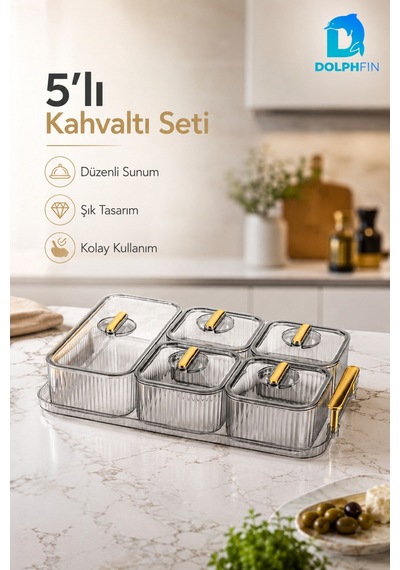 5 Li Kapaklı Kahvaltılık Seti Şeffaf Gold Kulplu Sunum Tepsili Bpa İçermez Seffaf