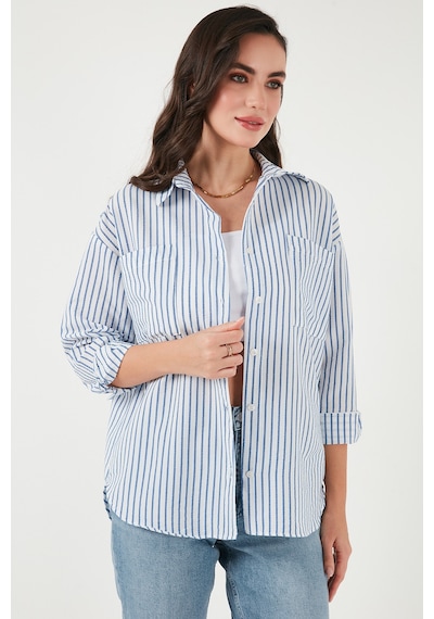 Lela Regular Fit Uzun Kollu Çizgili Bayan Gömlek 6772875 Indigo
