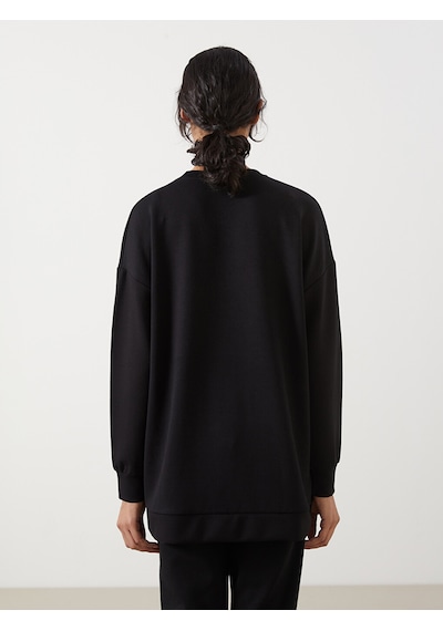 Lcw Modest Siyah Bisiklet Yaka Oversize Kadın Sweatshirt Tunik