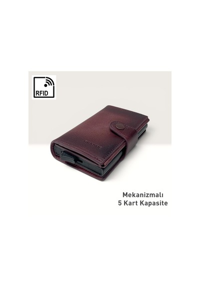 Grande Hakiki Deri Mekanizmalı Mandallı Kartlık Cüzdan Rfıd Bordo