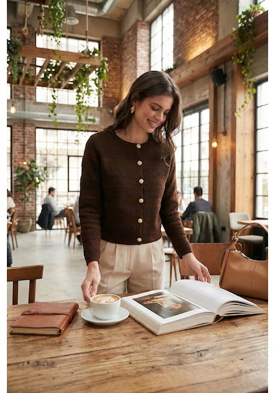 Lela Premium Regular Fit Bisiklet Yaka Düğmeli Dokulu Triko Bayan Hırka 680Hi00337 Kahve