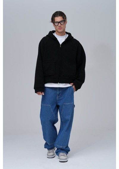 Düz Fermuarlı Cepli Kapüşonlu Unisex %100 Pamuk Sweatshirt Siyah