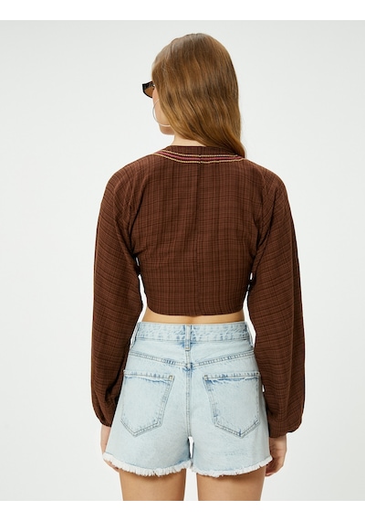 Koton Crop Kimono Önden Bağlamalı Slim Fit Uzun Kollu Kahverengi 4sal50021ıw Kahverengi