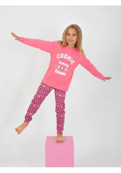 Kız Çocuk Uzun Kollu %100 Pamuklu Pijama Takımı Cookie Team Pembe