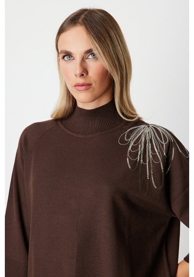 On Oversize 3/4 Kol Minimalist Kadın Kazak - Günlük Şıklık Kahve
