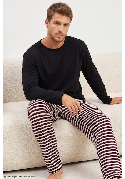 Siyah İnci Desenli Pamuklu Örme Pijama Takım 8093 Mürdüm Beyaz Çizgi