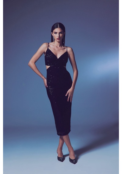 Sateen Dekolteli Payet Elbise - Siyah-135638 Siyah