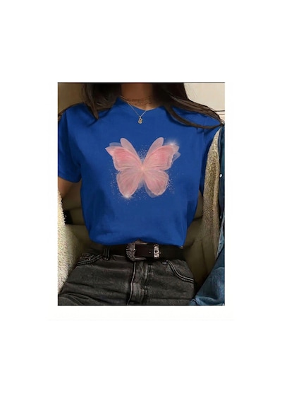 Pembe Kelebek Desenli Baskılı Kompakt T-shirt Mavi