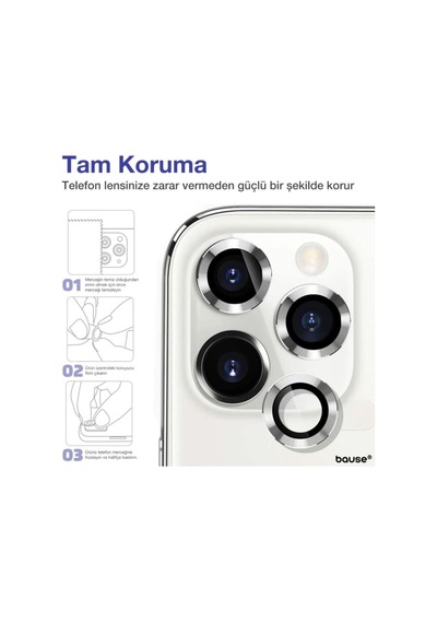 Apple Uyumlu iPhone 11 Pro Kamera Koruyucu Lens Mercek Metal Çerçeveli 3lü Set Gümüş Gri-silver