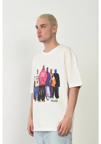 Barlashive Erkek Baskılı T-shirt Kısa Kol Bisiklet Yaka Rahat Kalıp Tişört - Beyaz Çok Renkli
