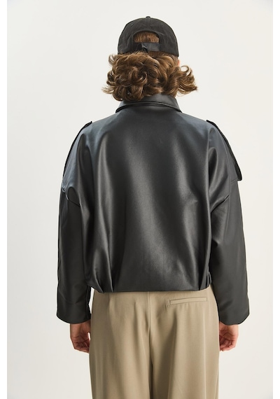 Shade Kadın Apolet Detaylı Cepli Oversize Suni Deri Bomber Ceket 1055 60283650 - Siyah