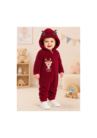 Tatlı Geyik Nakışlı Welsoft Peluş Kapüşonlu Fermuarlı Kışlık Unisex Bebek Tulumu 40212 Bordo