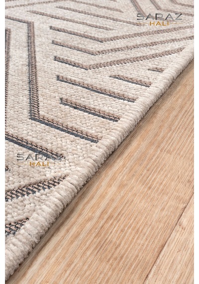 Ada Kilim Modern Salon Mutfak Koridor Kesme Yolluk Dokuma Makine Halısı Zigzag Krem Vizon