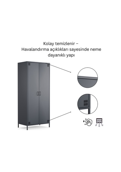 Pera Metal Elbise Dolabı, Soyunma Dolabı, İki Kapılı, 80,50 X 50 X 189,50 Cm Ral 7016 Antrasit