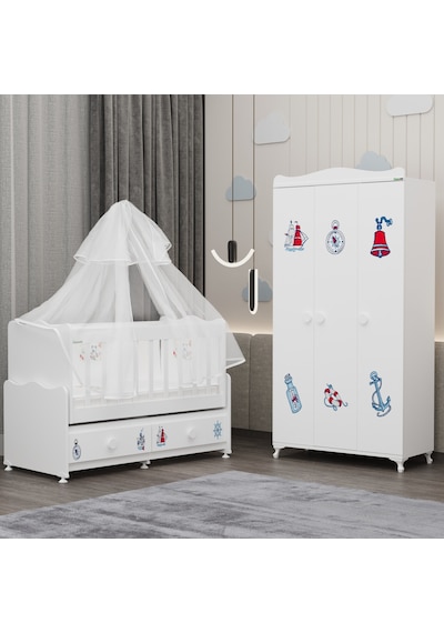 Elegant Beşik Ve Yıldız 3 Kapaklı Dolap Yatak Uykuseti - Denizci Beyaz