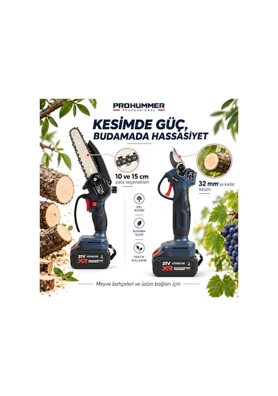 Prohummer Phm011 Profesyonel Akülü Kömürsüz Motor 2li Bahçe Seti - 32mm Dal Budama Makası, 15cm Dal Budama Testeresi 21v 3ah Çift Batarya
