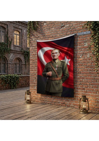 Askeri Üniformalı Başkomutan Mustafa Kemal Atatütk Ve Türk Bayrağı Poster Bayrak Raşel Kumaş 100x150 Cm Ata82 Diğer
