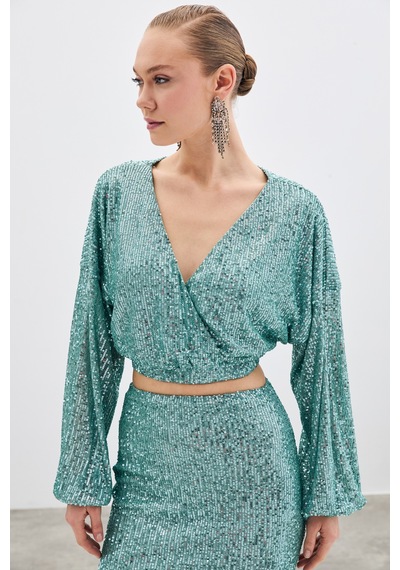Sateen Payetli Kruvaze Bluz - Mint-135411 Mint