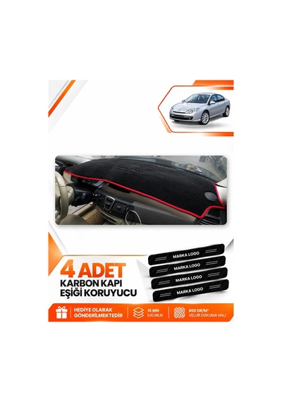 Renault Laguna 3 2007-2015 Uyumlu Ön Torpido Koruma Kılıfı Halısı Örtüsü - Siyah Kırmızı