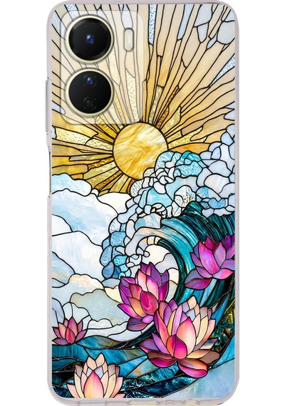 Printify Vivo Y16 İle Uyumlu Vitray Okyanus Sabahı Tasarımlı Şeffaf Silikon Kılıf Şeffaf
