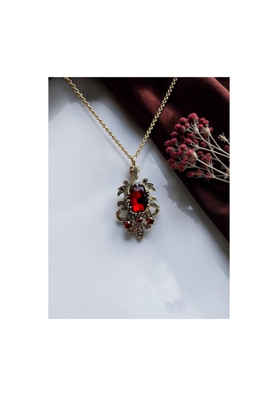 Kristal Taşlı Otantik Tasarım Kolye Kırmızı