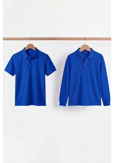 Nacar Store Unisex Çocuk Uzun Ve Kısa Kollu Polo Yaka Okul Tişörtü 2'li Set Saks Mavi