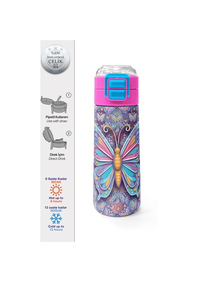 Coral High Kids Pastel Renkli Kelebek Desenli Pipetli Ve Direkt İçim Çelik Termos 500 Ml 38106 Pembe - Mavi