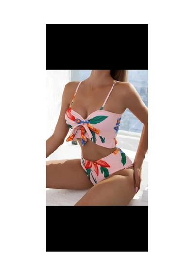 Nisanurtekstil Yüksek Bel Bohemia Mayo Set Üç Parça Çiçek Baskı Bikini Mayo Pembe Pembe