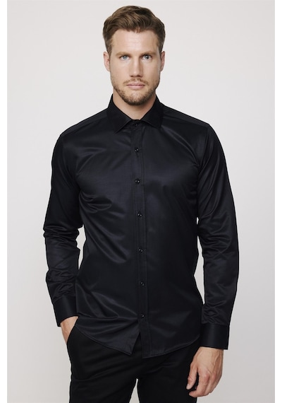 Tudors Modern Slim Fit Düz Saten Pamuklu Erkek Lacivert Gömlek-27777-siyah Siyah