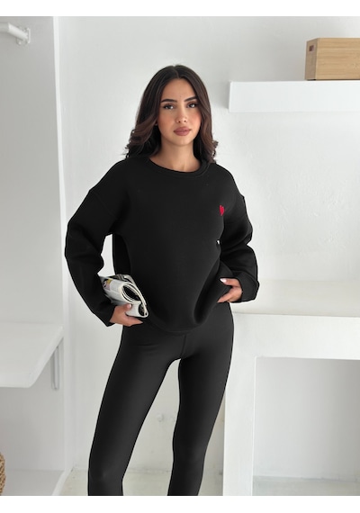 Kadın Kalp Nakışlı Sweatshirt Sade & Sevgi Dolu Stil Siyah