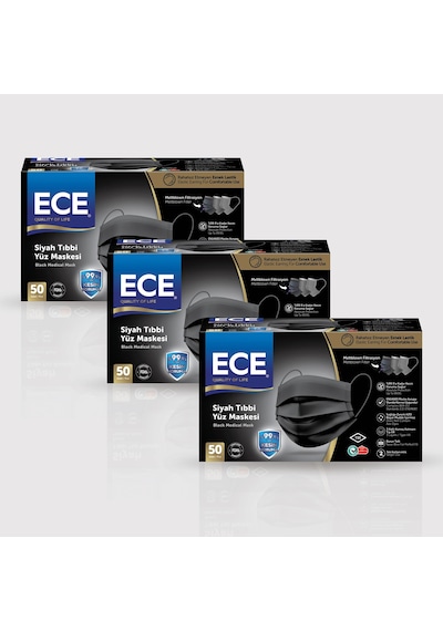 Ece Full Ultrasonik Meltblownlu Maske 50 x 3 150 Adet Siyah