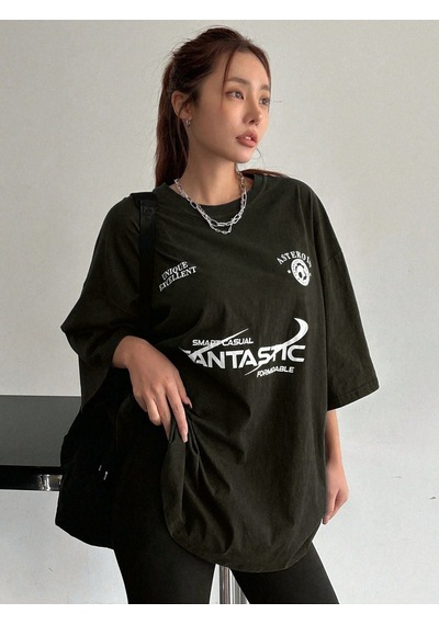Fantastıc Süprem T-shirt -siyah Baskılı Oversize Bisiklet Yaka Tişört Siyah-73128