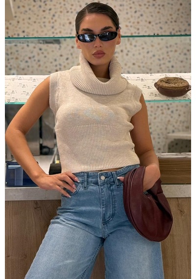Madmext Bej Aura Kolsuz Balıkçı Yaka Triko Bluz Mg2825